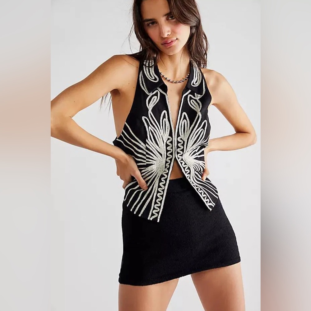 Free People Black and White Embroidered Vest